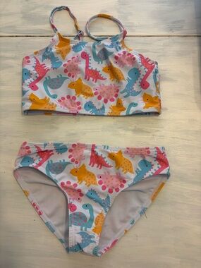 SHEIN White Dino Print Girls Two-Piece Bikini with Pink Yellow Blue Dinosaurs